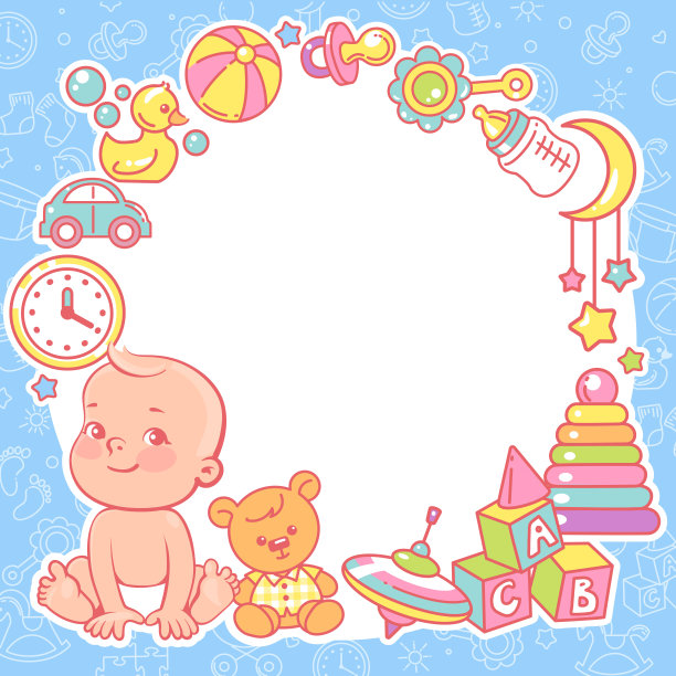 婴儿淋浴设计模板。小男孩带着玩具架。图片下载