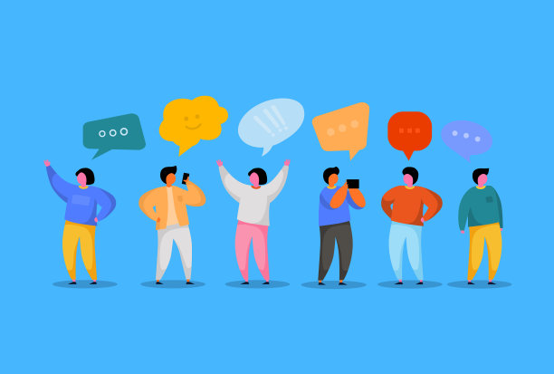 社交网络模板。一群年轻人人物聊天和说话。虚拟通信的概念。图片下载