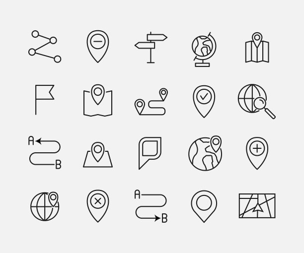 地图相关的矢量图标集。图片下载