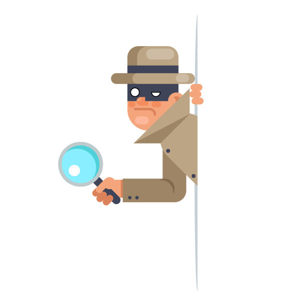 看看我们的角落间谍放大镜面具侦探卡通人物平面设计矢量插图图片下载