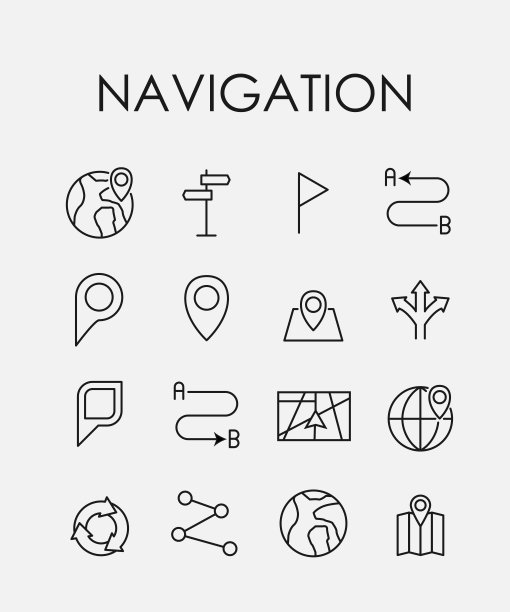 导航相关矢量图标集。图片下载