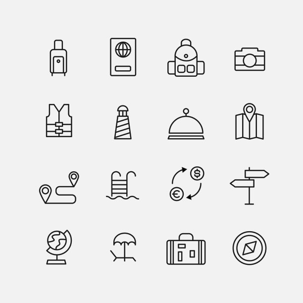 简单的旅游相关线路图标的集合。图片下载