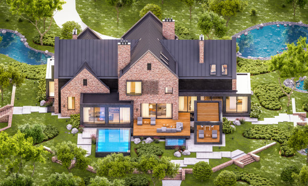 水池上现代熟料房的3d效果图图片下载