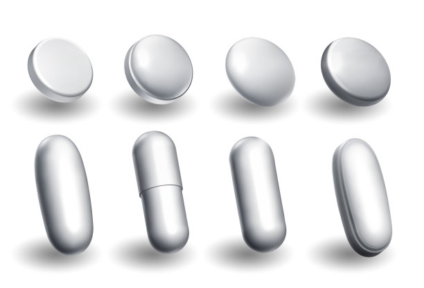 各种医药白色药丸和胶囊在深红色的背景3d艺术图片下载