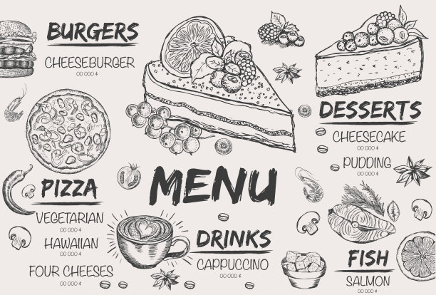 菜单。手绘。餐厅设计模板。图片下载