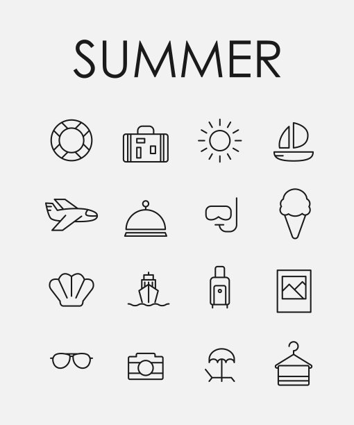 简单的夏季系列相关的线条图标。图片下载