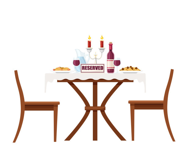 黑色的轮廓。餐厅和咖啡厅木桌和两把椅子。盘子里的食物和酒。平面矢量插图孤立在白色背景。铭牌保留图片下载