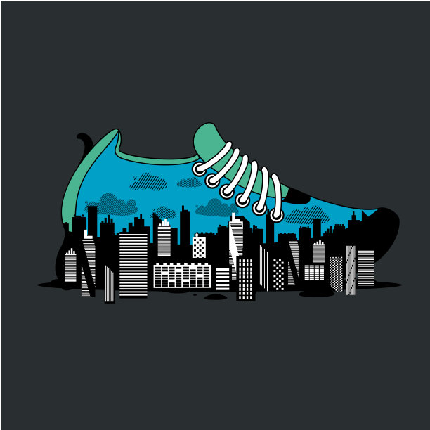 城市跑步马拉松海报与鞋。在城市里慢跑的运动鞋。运动海报与矢量插图。图片下载