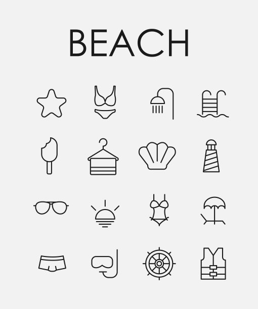 与海滩相关的线条图标的简单集合。图片下载