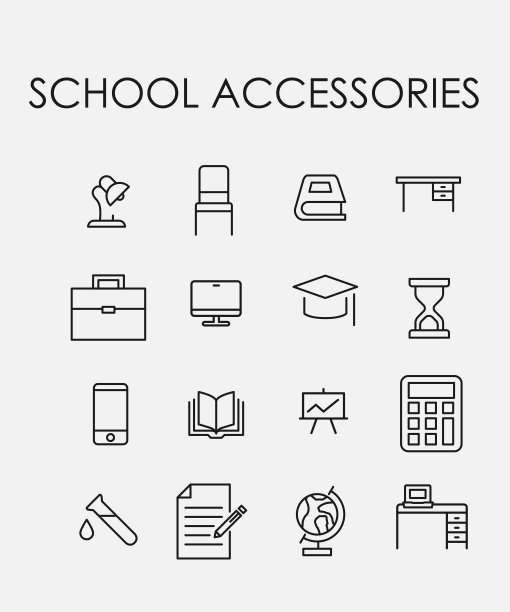 简单的收集学校配件相关的线图标。图片下载