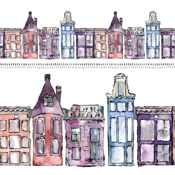 水彩画荷兰阿姆斯特丹的传统老建筑，无缝图案。手绘阿姆斯特丹的老房子，用来做明信片和卡片。图片下载