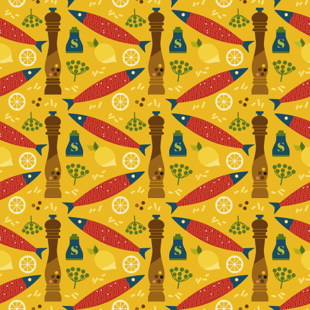 平面手绘鱼烹饪图标无缝图案图片下载