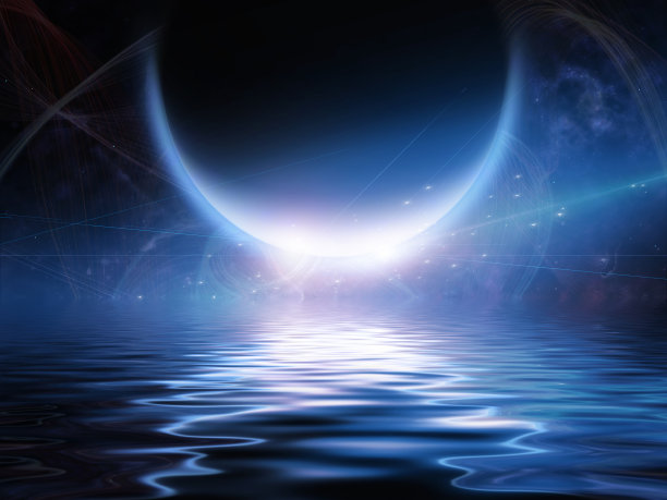 太阳系外行星在平静的水面上升起图片下载