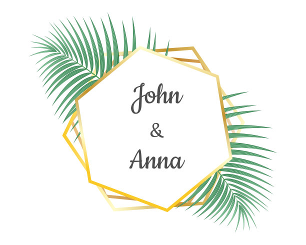 婚礼邀请卡设计和几何金色框架装饰与热带树叶-矢量插图图片下载