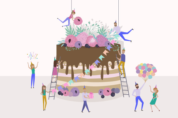 小人们在准备和庆祝节日。男人和女人装饰巨大的生日蛋糕。图片下载