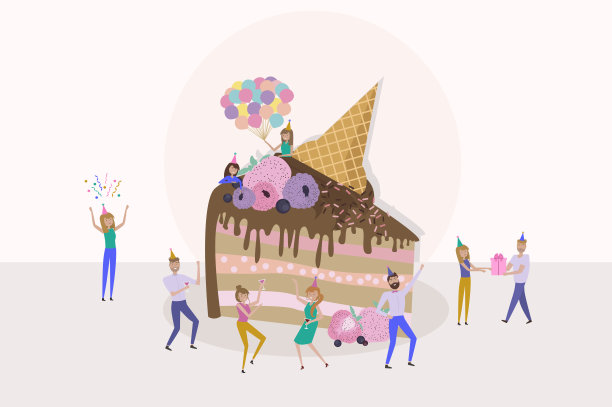 小人们在准备和庆祝节日。男人和女人装饰巨大的生日蛋糕。图片下载
