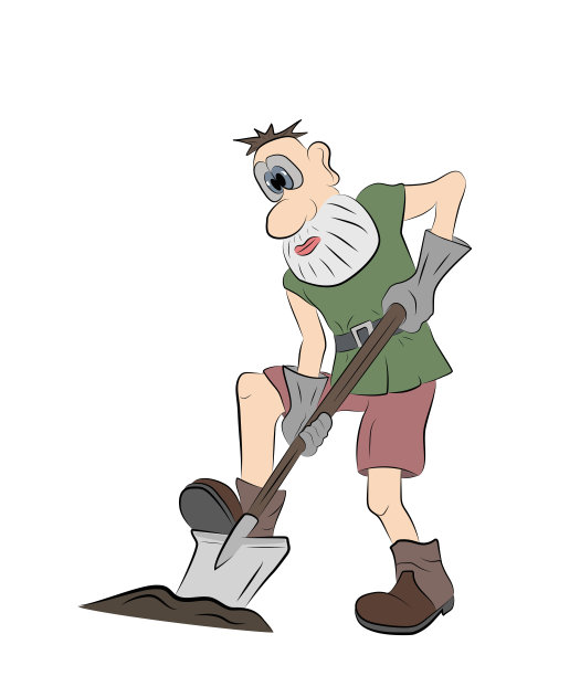 拿着铁锹的男人。有趣的小男人。矢量插图。图片下载