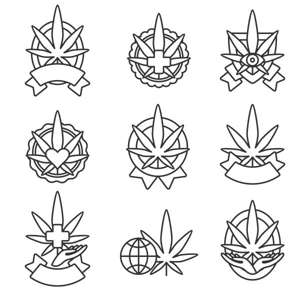大麻，大麻标签和元素设置。大麻图标集合。向量图片下载