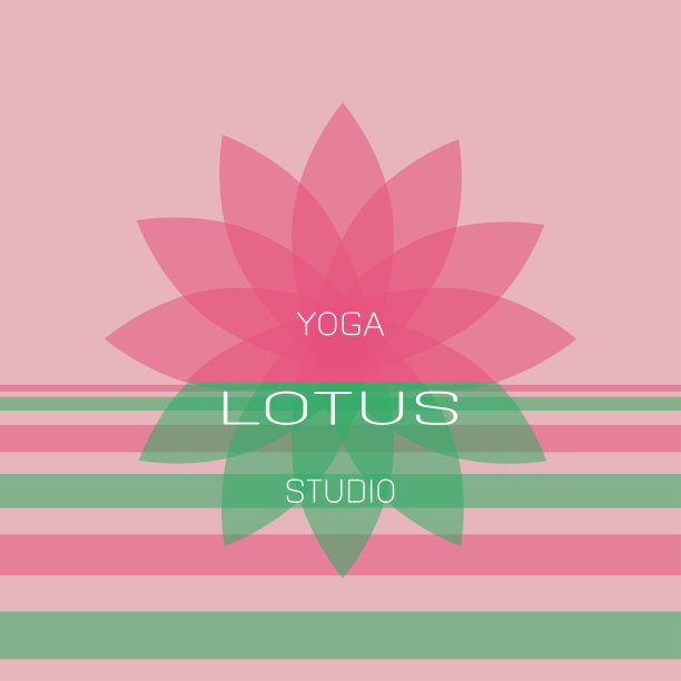 莲花瑜伽工作室与样本标志。花和反射作为象征。柔和的浅粉色和绿色调。矢量插图工作室，酒店标志，水疗中心，健康，培训课程，网页设计。图片下载