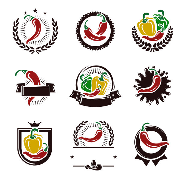 辣椒和辣椒标签元素设置。收藏图标辣椒。向量图片下载