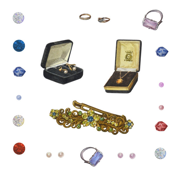 一套珠宝。美丽闪亮的配件孤立在白色。水彩插图。图片下载
