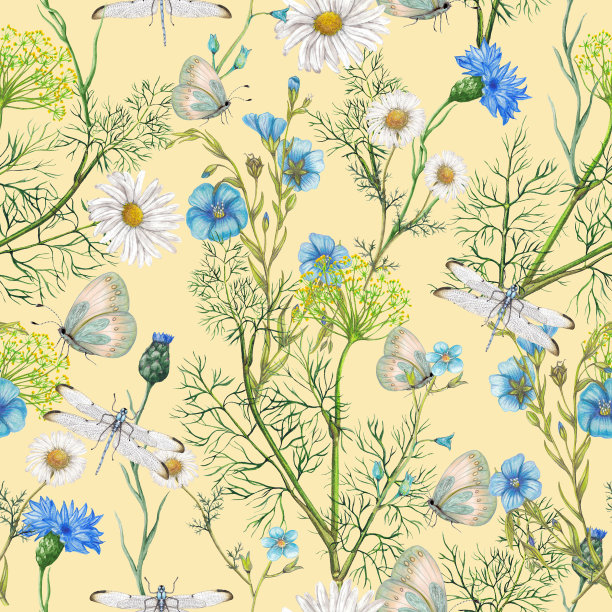 手绘植物无缝园林野花、植物图案图片下载