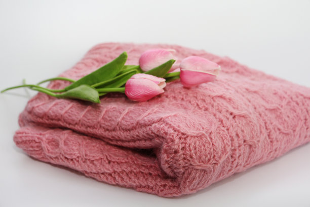 毛衣是复杂的。毛衣上有三朵粉红色的郁金香。图片下载