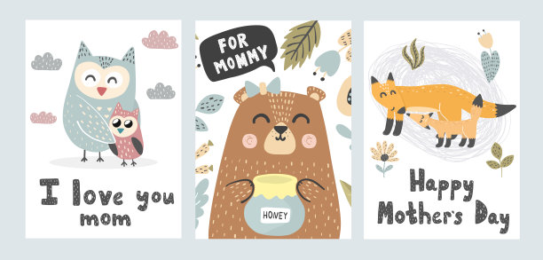 收集母亲节贺卡。可爱的动物图案图片下载