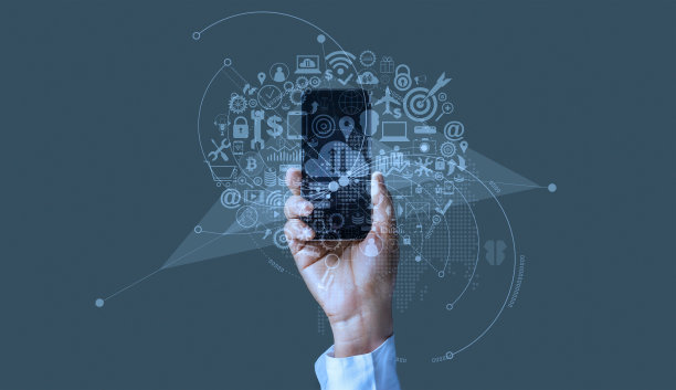 手持智能手机与图标商业数字营销，在线支付和银行网络连接的界面背景。图片下载