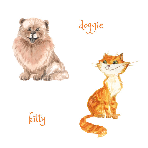 可爱的卡通猫和狗孤立在白色。水彩插图儿童装饰，纺织品，封面。图片下载