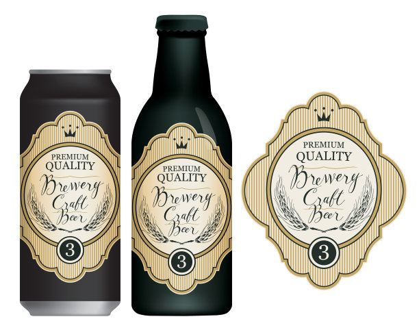 啤酒罐和瓶子上的矢量啤酒标签图片下载