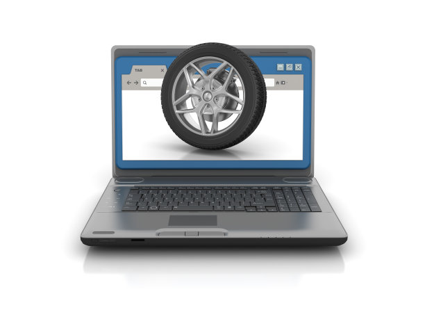 电脑笔记本电脑与Web浏览器和汽车车轮- 3D渲染图片下载