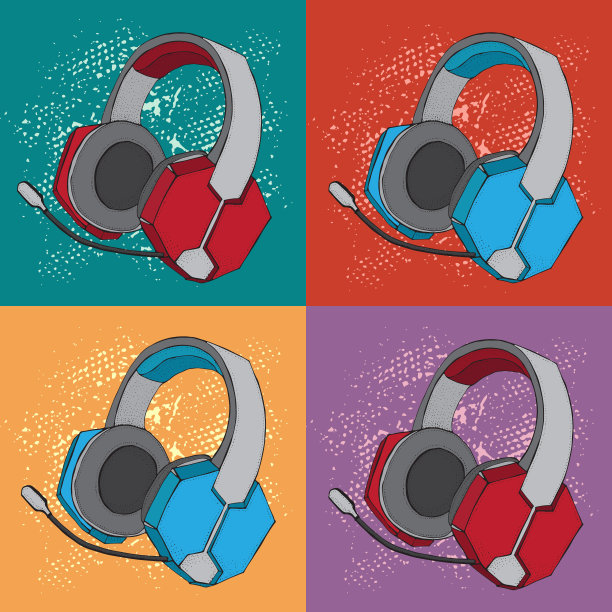 带麦克风的耳机。设备音乐，视频游戏和电子竞技，玩家和streemer。手绘图案。色彩丰富的背景在流行艺术复古漫画风格。图片下载