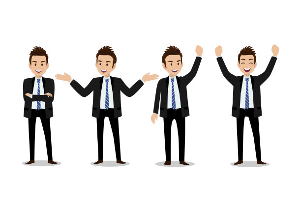 商人卡通人物，一组四个姿势。英俊的商人在办公室风格时髦的西装。矢量图图片下载