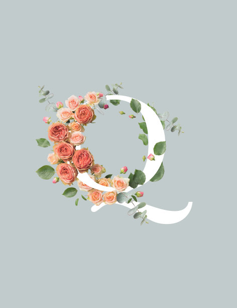 白色字母Q，有玫瑰和绿叶孤立在灰色图片下载