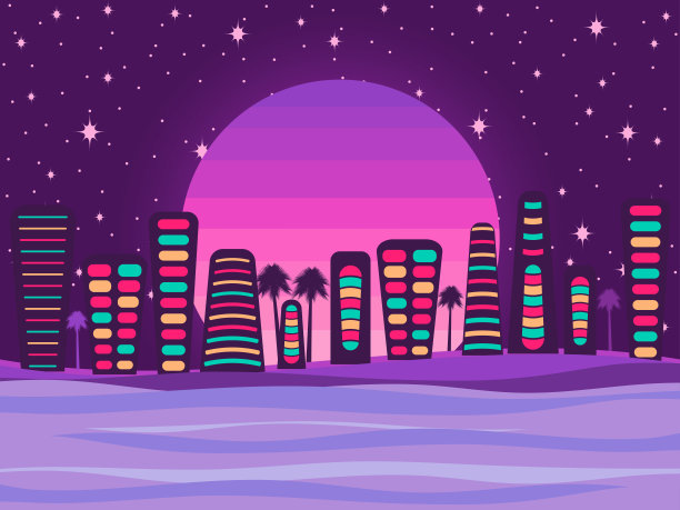 晚霞背景下的夜市，80年代，90年代的复古全景。海滨旅游城市。矢量图图片下载