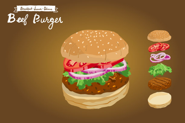 矢量插图的牛肉汉堡与切片西红柿，青葱和莴苣图片下载