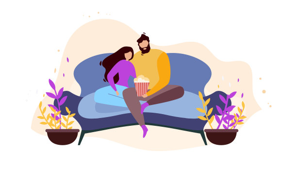 卡通情侣在家休息，在沙发上看电影图片下载