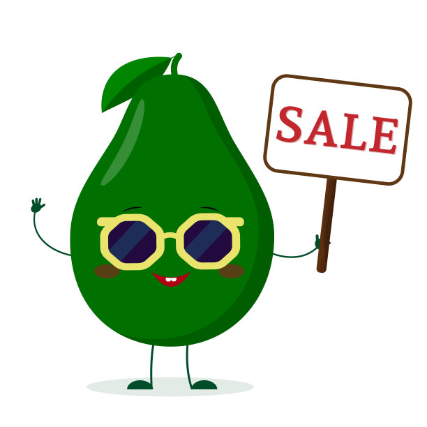 可爱的牛油果卡通人物戴着太阳镜举着促销牌。标志,模板,设计。矢量插图，平面风格图片下载