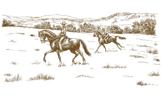 骑马的人在绿色的田野里。图片下载