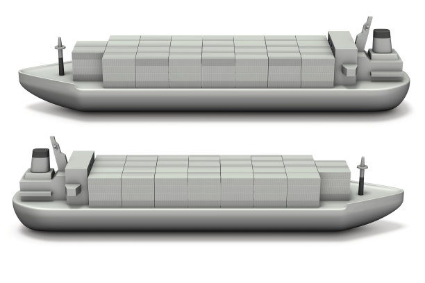 一个装满集装箱的货船的微缩模型。白色背景。3 d演示。图片下载