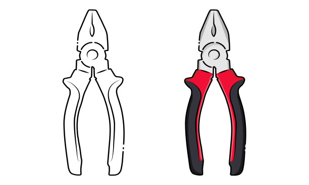 钳子的黑白轮廓路径和彩色卡通风格孤立在白色背景上图片下载