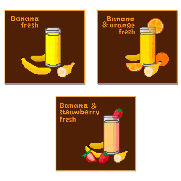 一组果汁和水果的图片香蕉，橘子，草莓。向量图片下载