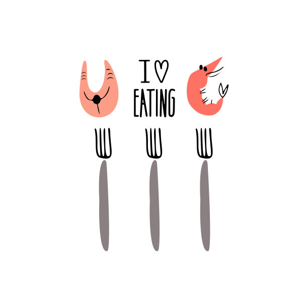 烹饪手绘矢量插图。我喜欢吃字母。新鲜美味的海鲜。叉子上放着虾和鲑鱼。厨具设计元素。菜单设计。贴纸设计。图片下载