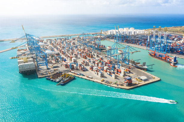 海上货运港鸟瞰图上有大量集装箱，起重机用于卸货货物。大船在码头卸货。海上运输的概念。图片下载