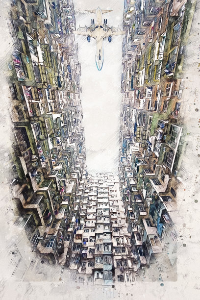 数码水彩画的城市风景，建筑在香港与飞机飞过图片下载