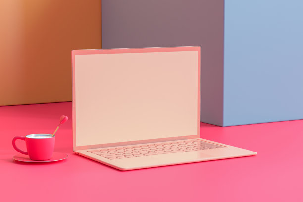 笔记本电脑模型，粉彩在办公桌上图片下载
