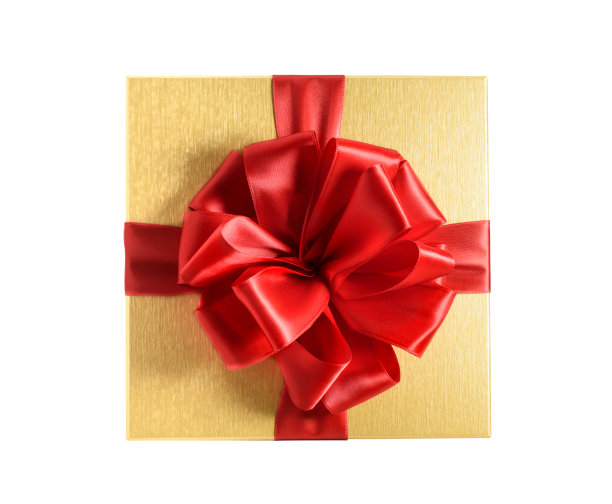 顶视图金色礼盒与红色丝带。孤立在白色背景上图片下载