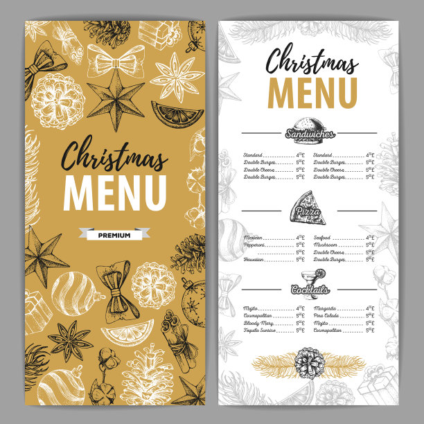 手绘圣诞节日菜单设计。餐厅的菜单图片下载