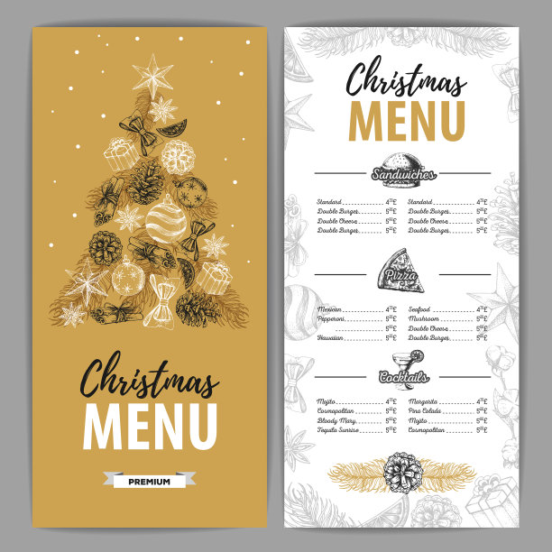 手绘圣诞节日菜单设计。餐厅的菜单图片下载